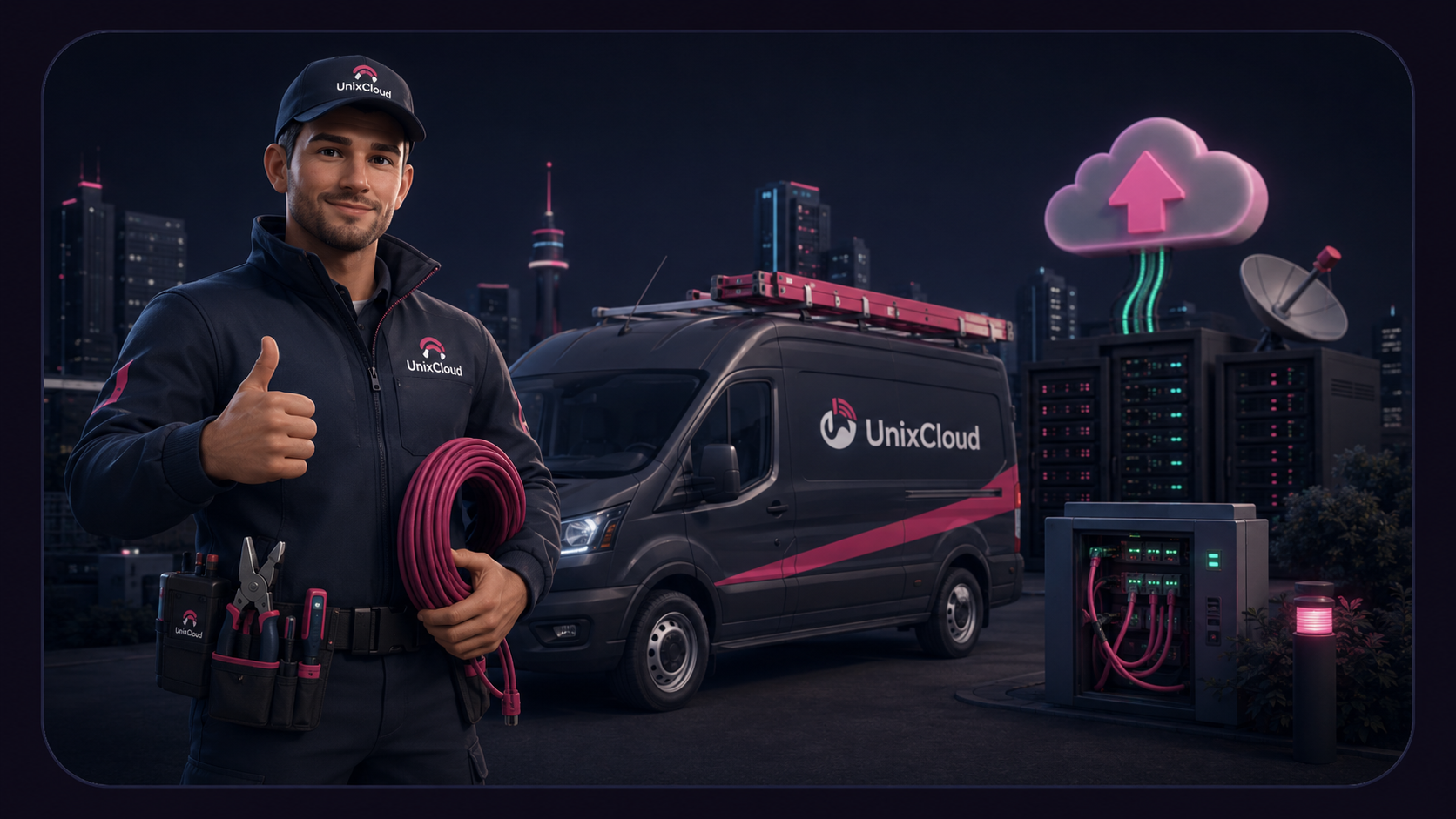 Unixcloud engineer in branded workwear with a Transit-style service van and telecoms infrastructure